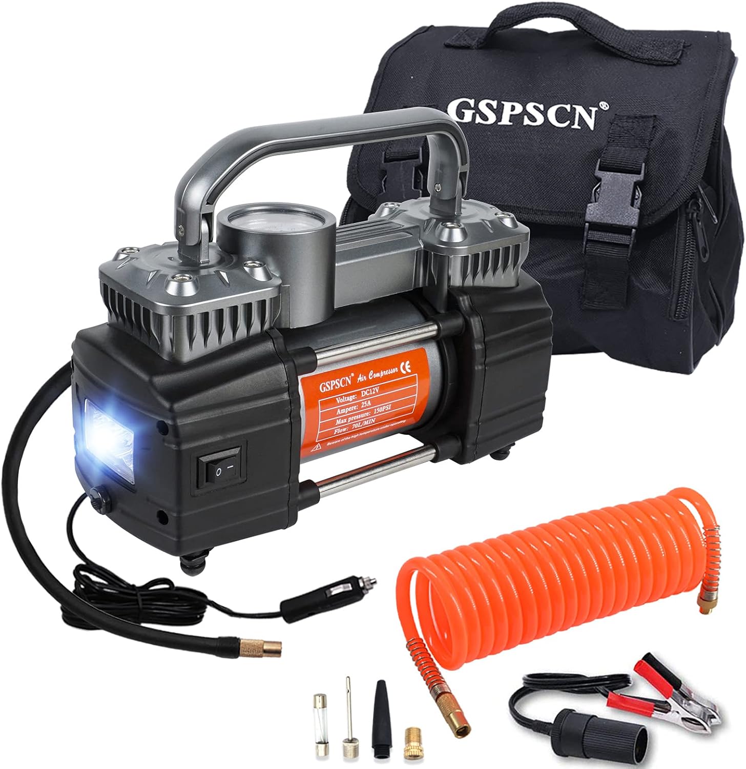 GSPSCN Dual Cylinder DC 12V Air Compressor for Car, Heavy Duty Portable Tire Inflator,Tire Pump 150PSI with LED Light for Auto,Truck,SUV, RV,Balls etc (Titanium) Pack of 2