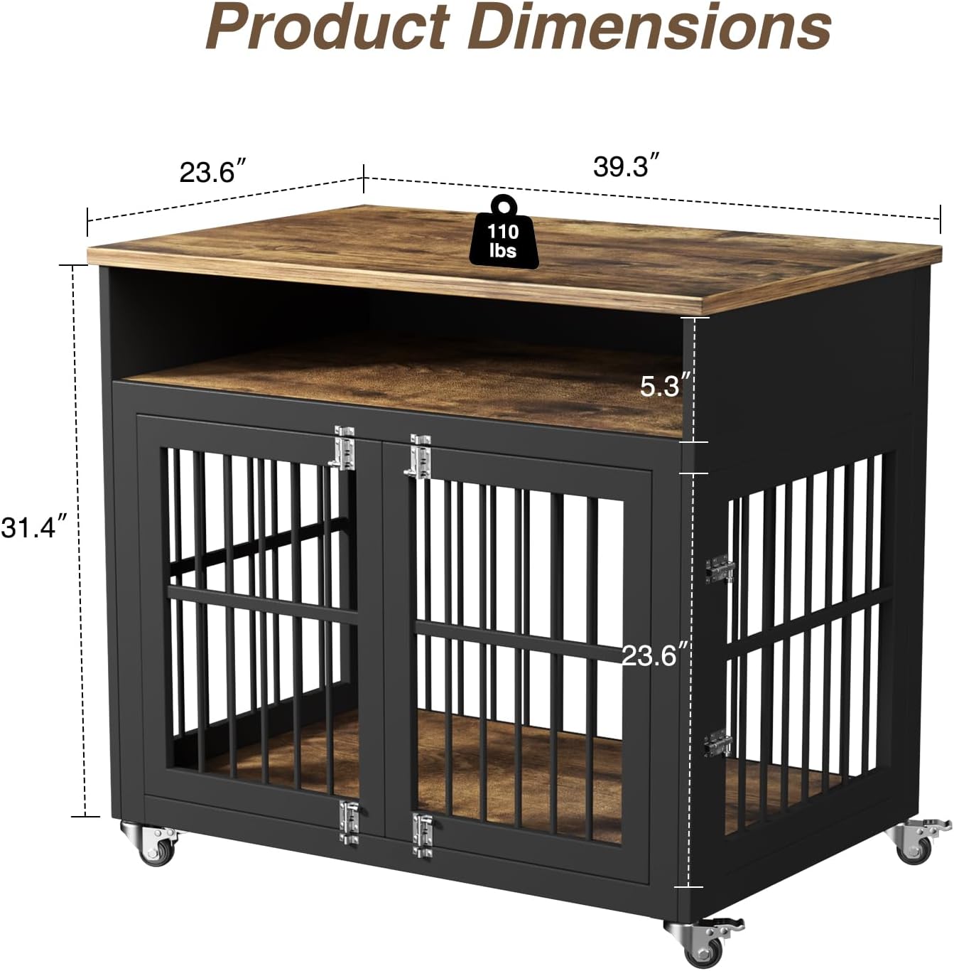 Dog Crate Furniture,39" Dog Kennel Indoor with Wheels, Heavy Duty Wooden Dog Crate for Medium/Large Dogs,Dog Cage with Storage Dog House Side End Table, Brown