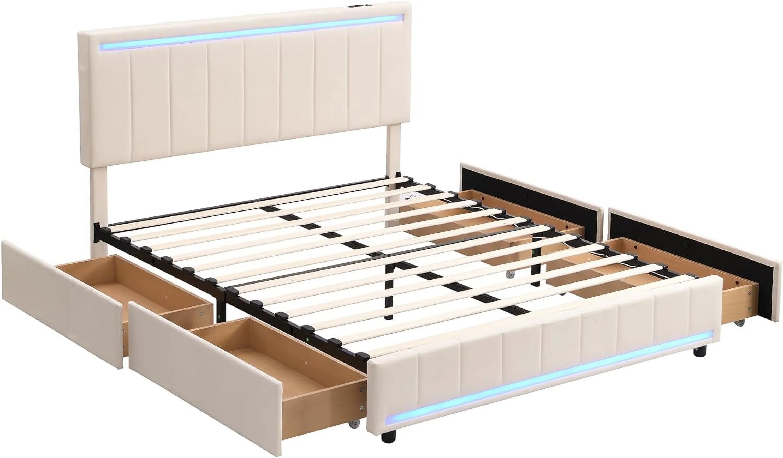Queen LED Bed Frame With 4 Storage Drawers And USB Ports ,Modern Platform Bed Frame With LED Headboard And Footboard ,Linen Upholstered Storage Queen Bed,No Box Spring Needed,Beige