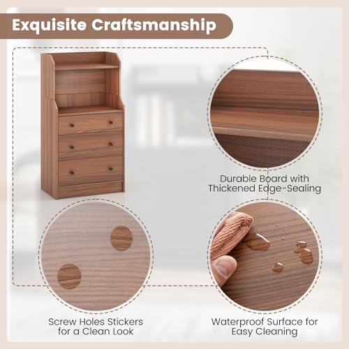LOKO 3 Drawers Dresser with Shelves, Tall Nightstand with 2 Open Shelves, Modern Chest of Drawers with Anti-Toppling Device, Utility Storage Dresser for Living room, Bedroom, Closet, Entryway (Walnut)