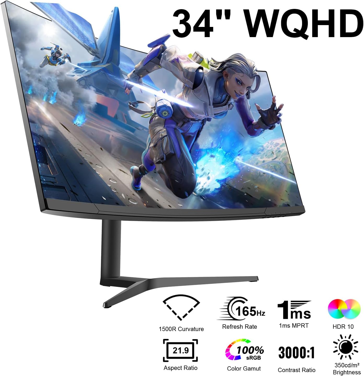 34" Curved WQHD 3440×1440 Gaming Monitor 165Hz, 1ms, 1500R, HDR 10, 100% sRGB PC Screen, AMD Free-Sync Premium/G-Sync Compatible, 2 x DispalyPort 1.4 & HDMI 2.0, Height/Tilt Adjustable Stand, Black
