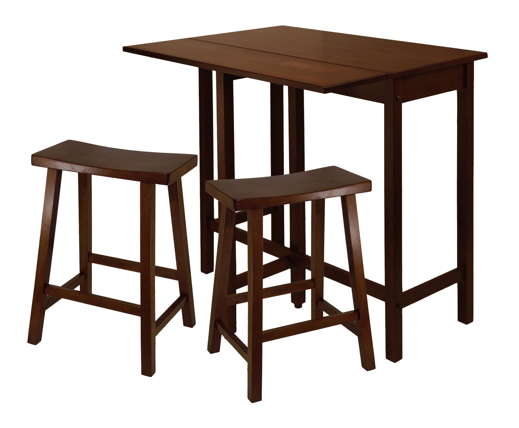 Set of 3 Lynnwood Antique Walnut Finish High Drop Leaf Table with Saddle Seat Stool 39.25”