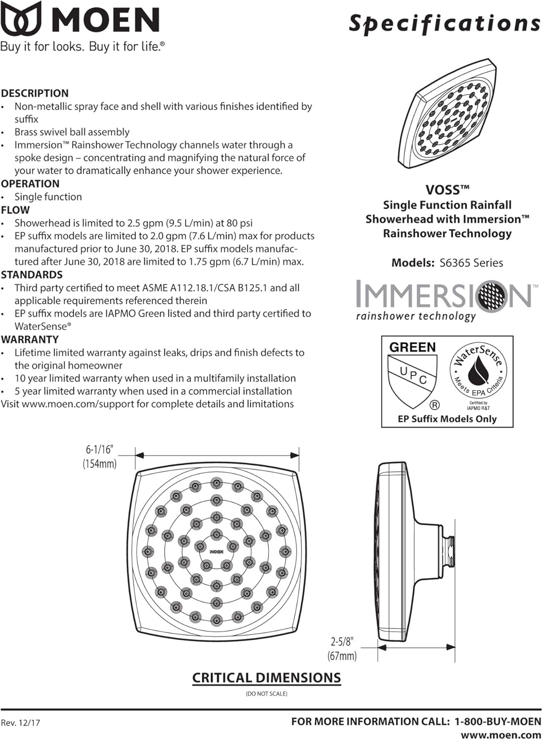 Moen S6365EPBL Voss 6" Single-Function Eco-Performance Rainshower Showerhead with Immersion Technology, Matte Black