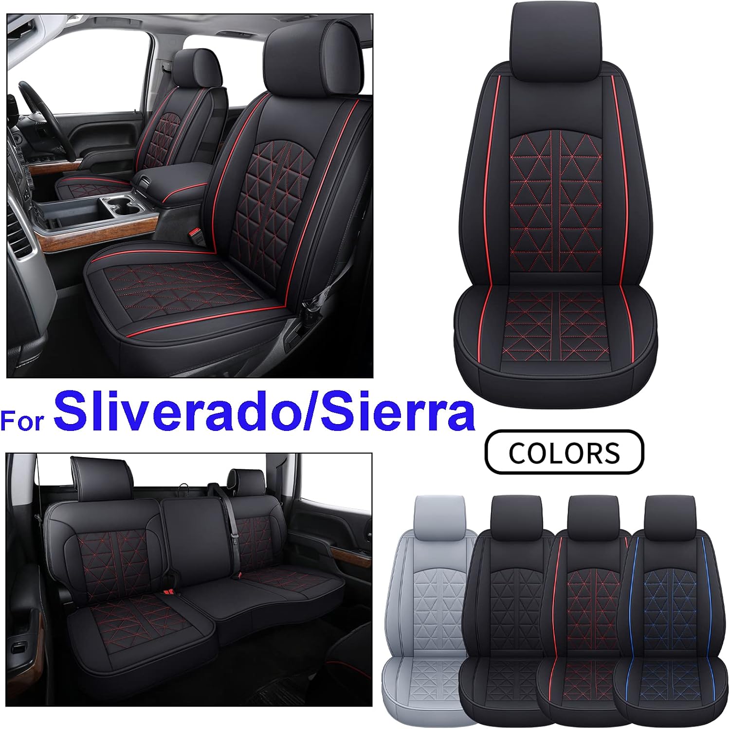 INCH EMPIRE Car Seat Cover Custom Fit for GMC Sierra 1500 2500 3500 2007-2021 Chevy Silverado 1500 2500 3500 Crew Extended Double Cab Pickup Synthetic Leather Protector (Black&Red Full Set)