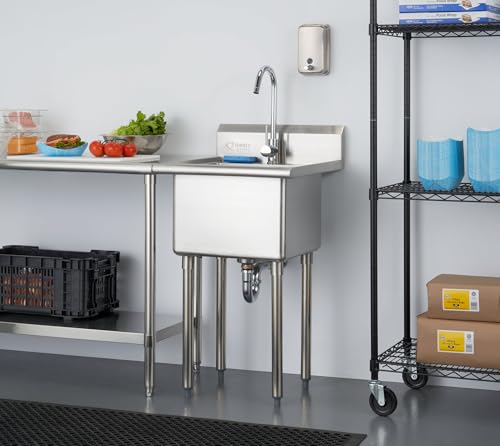 TRINITY THA-0307 Basics Stainless Steel Freestanding Single Bowl Utility Sink with Chrome Faucet, NSF Certified, for Garage, Laundry Room, and Kitchen, 21.5” x 24” x 49.2”, Silver