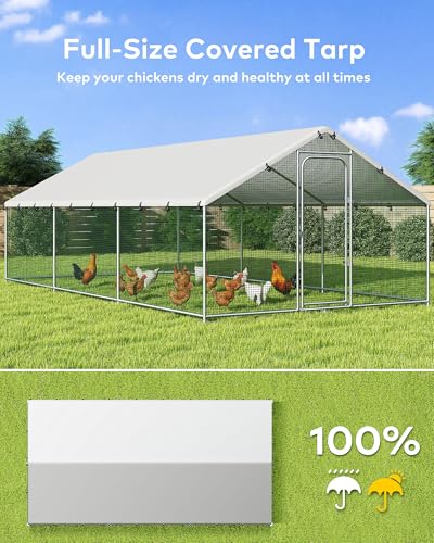 Large Metal Chicken Coop Run with Spire Roof – Outdoor Poultry Cage with Waterproof & UV-Resistant Cover for Chickens, Ducks, Rabbits, and Hens in Yard or Farm Use(8.9’ W x 11.8’ L x 6.6’ H)