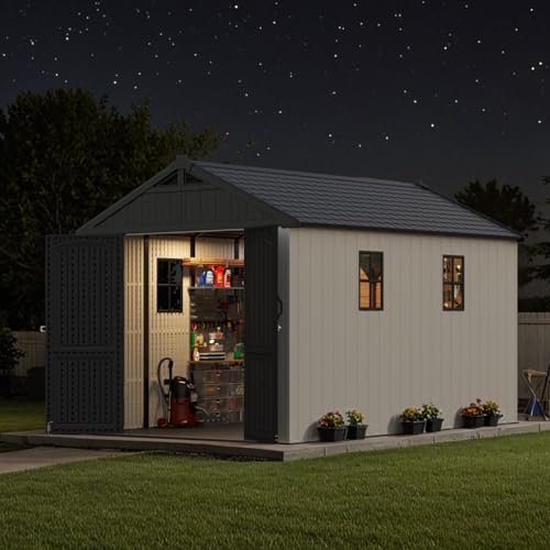 Patiowell 8 x 12 FT Plastic Outdoor Storage Shed with Floor, Resin Shed with Window and Lockable Door for Garden, Backyard, Tool Storage Use, Easy to Install in Beige (Kick-it Shed)