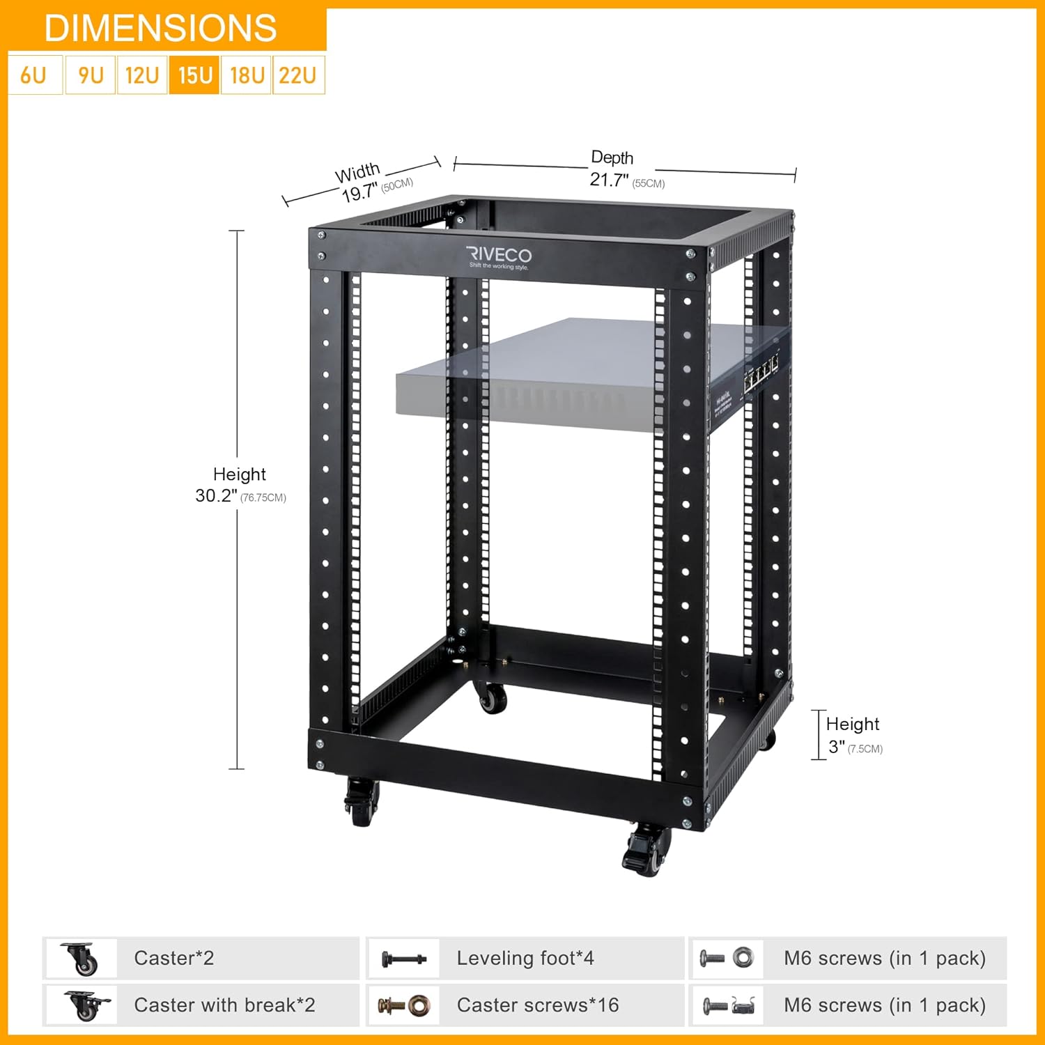 RIVECO 9U Open Frame Server Rack with Casters- Heavy Duty 4 Post Quick Assembly 19-inch, Stereo Rack Network Cabinet Black