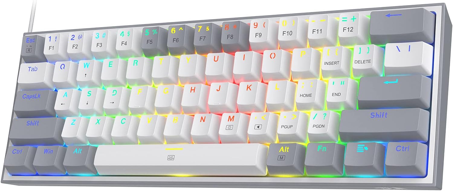 Redragon K617 Fizz 60% Wired RGB Gaming Keyboard, 61 Keys Compact Mechanical Keyboard w/White and Grey Color Keycaps, Linear Red Switch, Pro Driver/Software Supported