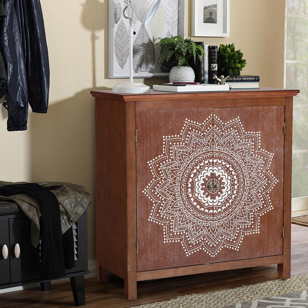 MAISON ARTS White Accent Storage Cabinet with 2 Doors for Living Room Bedroom Buffet & Sideboard Decorative Distressed Cabinet Farmhouse Kitchen China Cabinet with Carved Pattern Doors, Carved Floral