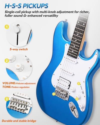 STRICH Electric Guitar Beginner Kit, Solid Body 39" Full Size Electric Guitar HSS Pick Up for Starter, with 10W Amp, Bag, Digital Tuner, Capo, Strap, String,Cable, Picks, SST-S20 Sunburst