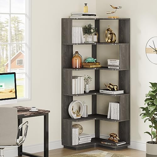 65-Inch Tall Corner Bookshelf, 6-Tier Industrial Corner Bookcase with Side Panels, Freestanding Wood Grain Corner Shelf Display Rack for Home Office, Living Room