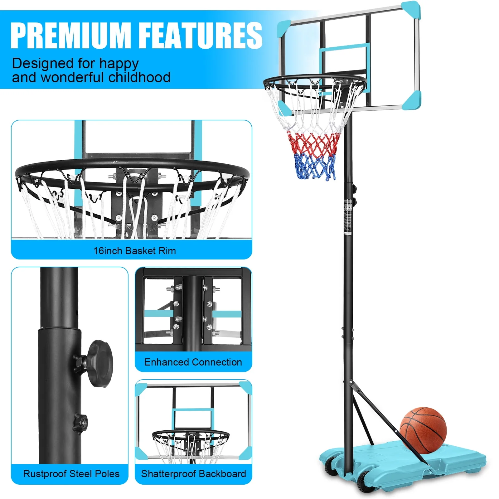 HooKung Portable Basketball Hoops Height Adjustable 5.6ft -7ft Basketball System 28'' Backboard with Wheels for Teenagers Youth Indoor Outdoor Use