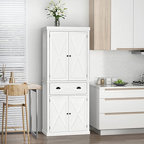 HOMCOM 72" Kitchen Pantry Storage Cabinet, Traditional Freestanding Cupboard with 4 Doors and 3 Adjustable Shelves, Large Central Drawer, X-Frame, White