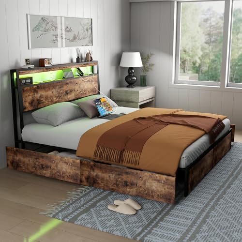 SADENICEL Queen Bed Frame with Storage Headboard and 4 Drawers, Metal Platform Bed Frame with LED Light, Charging Station, No Box Spring Needed, Noise Free, Easy Assembly, Vintage Brown
