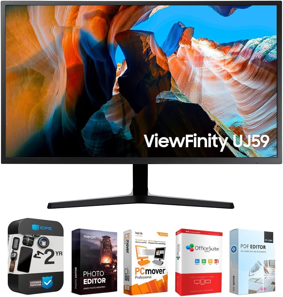 SAMSUNG 32" ViewFinity UJ590 UHD Monitor - Dark Gray/Blue Bundle with Tech Smart USA Elite Suite 18 Standard Editing Software Bundle + 1 Year CPS Enhanced Protection Pack