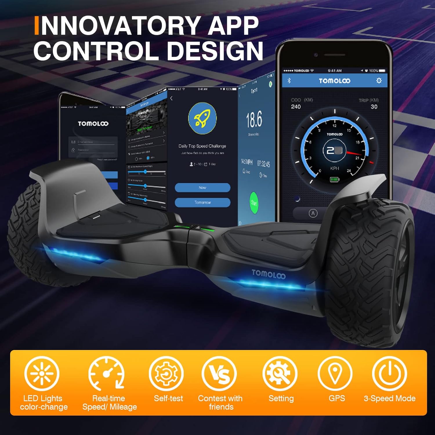 TOMOLOO Hoverboard Off Road with Bluetooth and LED Lights, 8.5'' All Terrain Hoverboards for Kids and Adults with APP Control, UL2272 Certified Self Balancing Hover Board Electric Scooter…
