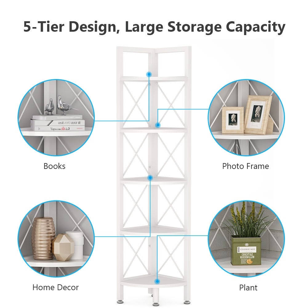 5-Tier Corner Shelves, 5 Shelf Corner Bookshelf and Bookcase - Black