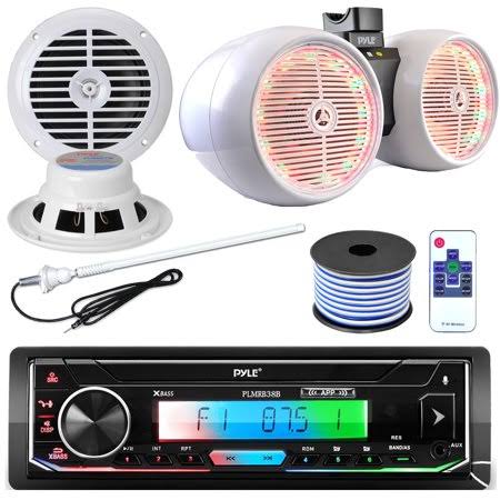 Pyle Plmrb38b Single DIN Am/fm Radio Usb/aux Bluetooth Marine Black Receiver with 6.5 inch 400W Wakeboard White Marine LED Speak