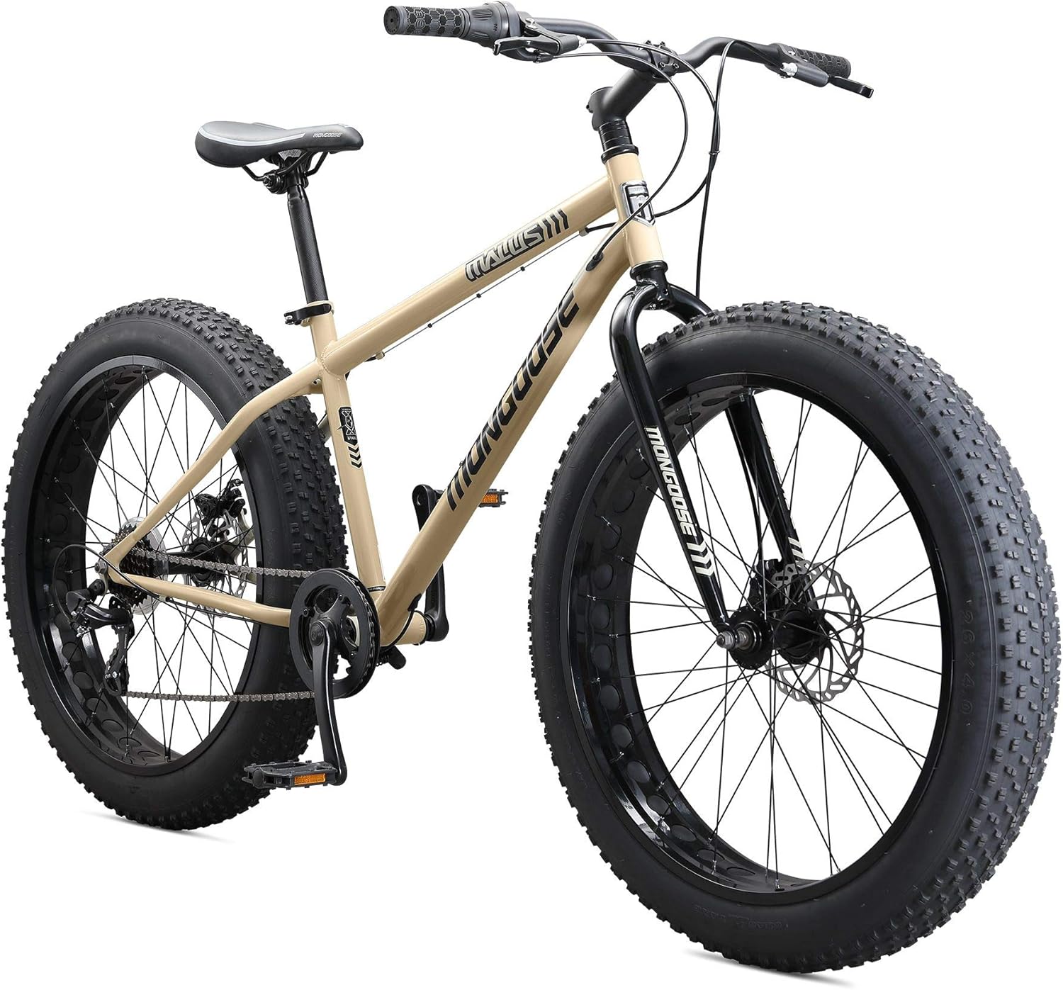Mongoose Malus Adult Fat Tire Mountain Bike, 26-Inch Wheels, 7-Speed, Twist Shifters, Steel Frame, Mechanical Disc Brakes, Multiple Colors