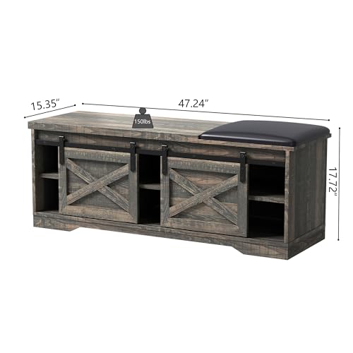 47" Shoe Bench Entryway with Storage,Farmhouse Shoe Bench with Sliding X Barn Door, Entryway Bench with Storage Space and Padded Cushion,2-Tier Shoe Bench for Entryway,Living Room(Antique Gray)