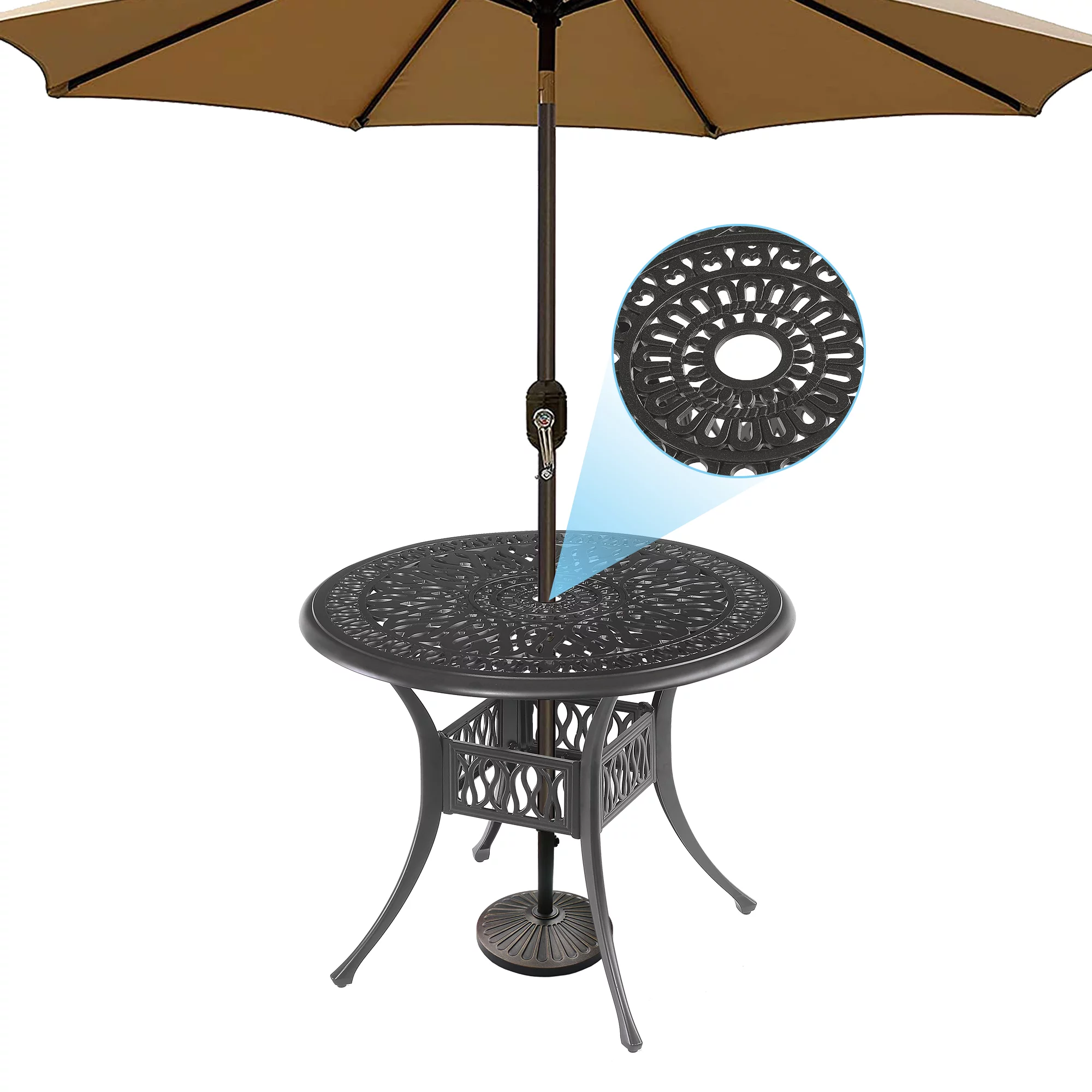 5Pcs Outdoor Furniture Dining Table Set All-Weather Cast Aluminum Patio Furniture Includes 1 Round Table and 4 Chairs with Umbrella Hole for Patio Garden Deck, Lattice Weave Design, Black Color