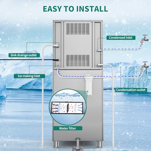 YITAHOME Commercial Ice Maker Machine with Storage Bin, Upgraded Compressor, Self-Cleaning Stainless Steel Industrial Ice Mchine, Includes Ice Scoop, Ice Bucket and Connection Hose