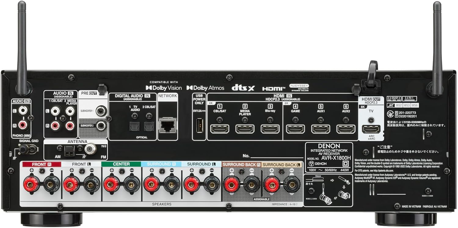 Denon AVR-X1800H 7.2 Channel AV Receiver - 80W/Channel, Wireless Streaming via Built-in HEOS, WiFi, & Bluetooth, Supports Dolby Vision, HDR10+, Dynamic HDR, and Home Automation Systems