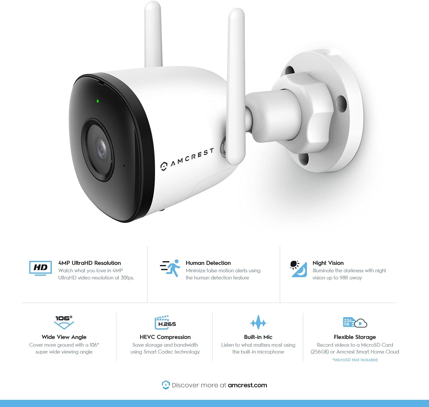 Amcrest SmartHome 4MP Outdoor WiFi Camera Bullet 4MP Outdoor Security Camera, 98ft Night Vision, Built-in Mic, 106° FOV, 2.8mm Lens, MicroSD Storage (Sold Separately), ASH43-W (White)