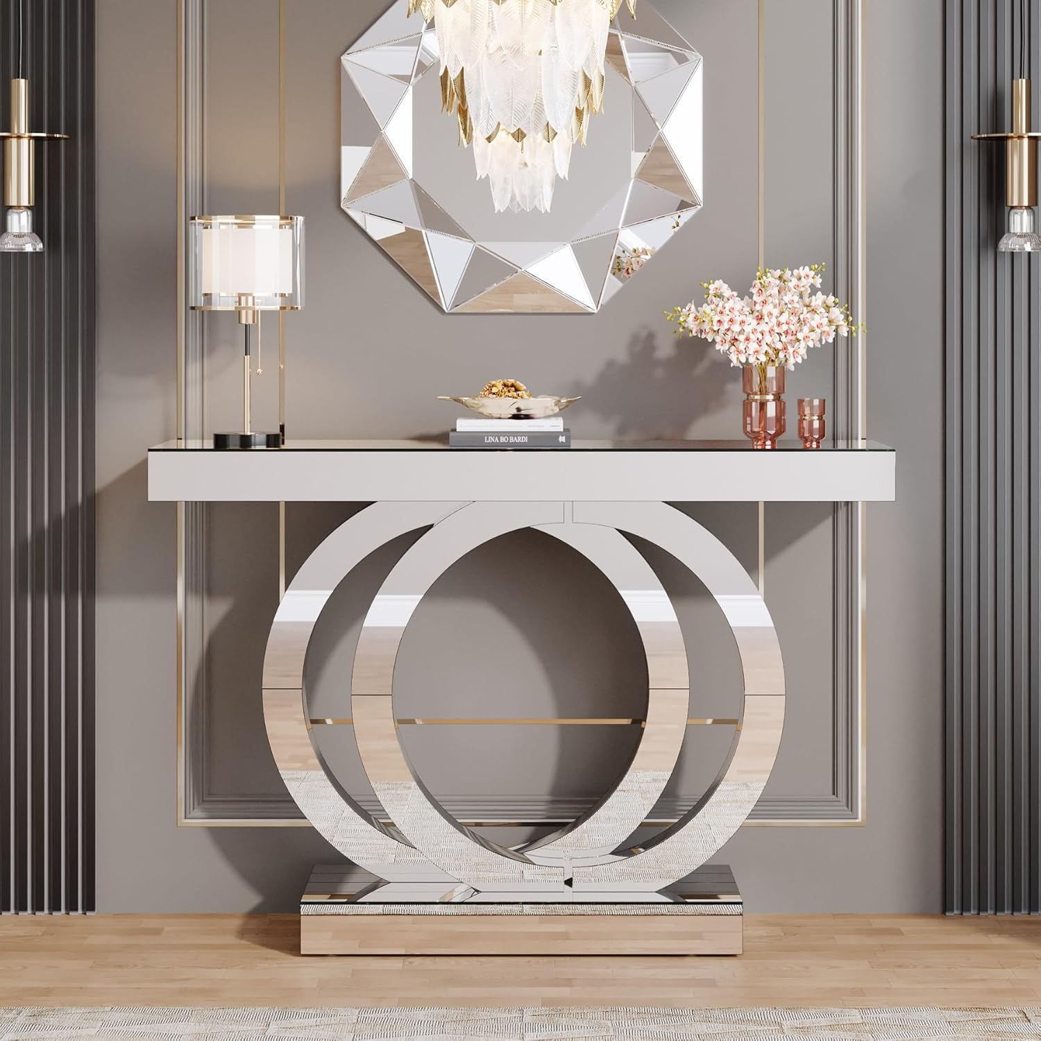 Tribesigns 43.3-Inch Mirrored Console Table, Modern Entryway Table with Thickened Mirror Finish Tabletop, Rectangle Glass Sofa Table Foyer Table for Living Room, Entrance, Hallway