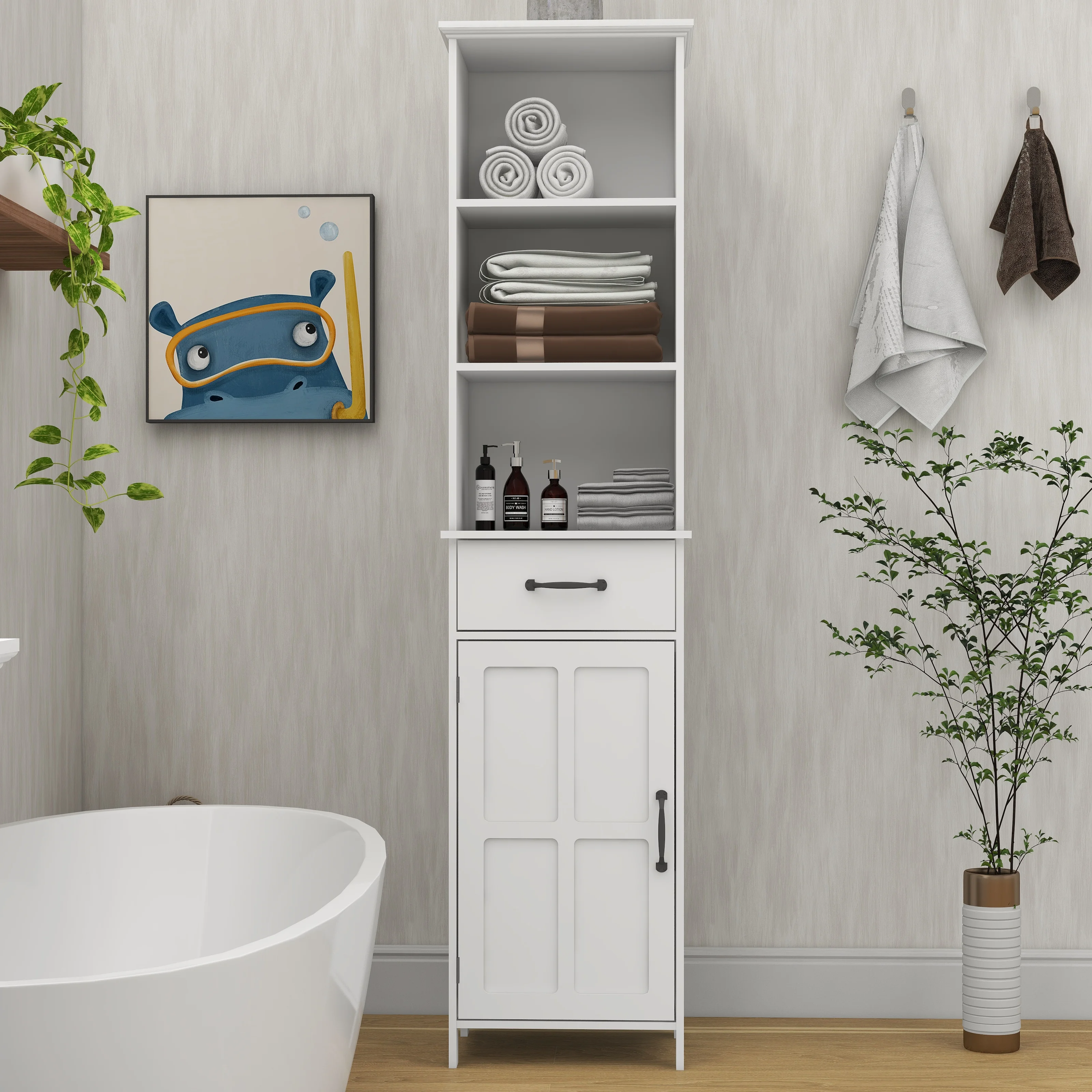 Tall Narrow Storage Cabinet, Bathroom Slim Floor Freestanding Cabinet with One Door for Bathroom, Bedroom and Living Room, White