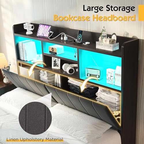 Full Farmhouse Bed Frame with Bookcase Headboard and 4 Drawers, LED Storage Bed with Charging Station & Linen Upholstered, No Box Spring Needed, Black