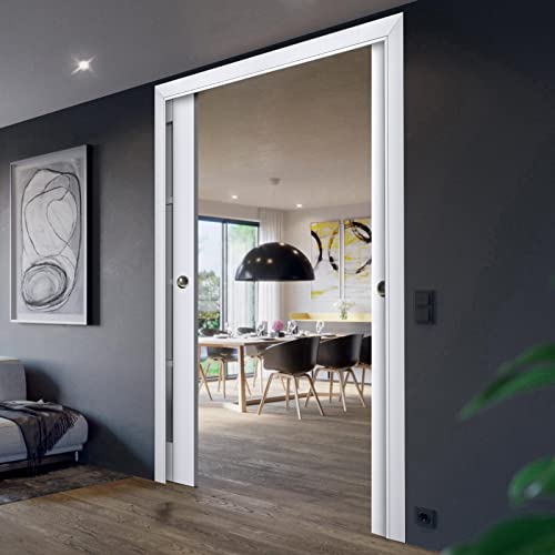 Sliding French Double Pocket Doors 36 x 80 inches | Veregio 7412 White Silk with Frosted Glass | Kit Trims Rail Hardware | Solid Wood Interior Bedroom Sturdy Doors