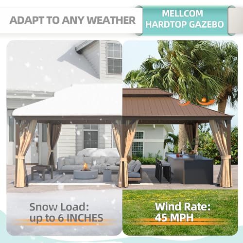 MELLCOM 12'x16' Hardtop Gazebo, Galvanized Steel Metal Double Roof Canopy with Curtains and Netting, Brown Permanent Pavilion Gazebos with Aluminum Frame for Garden, Patio, Lawns, Deck