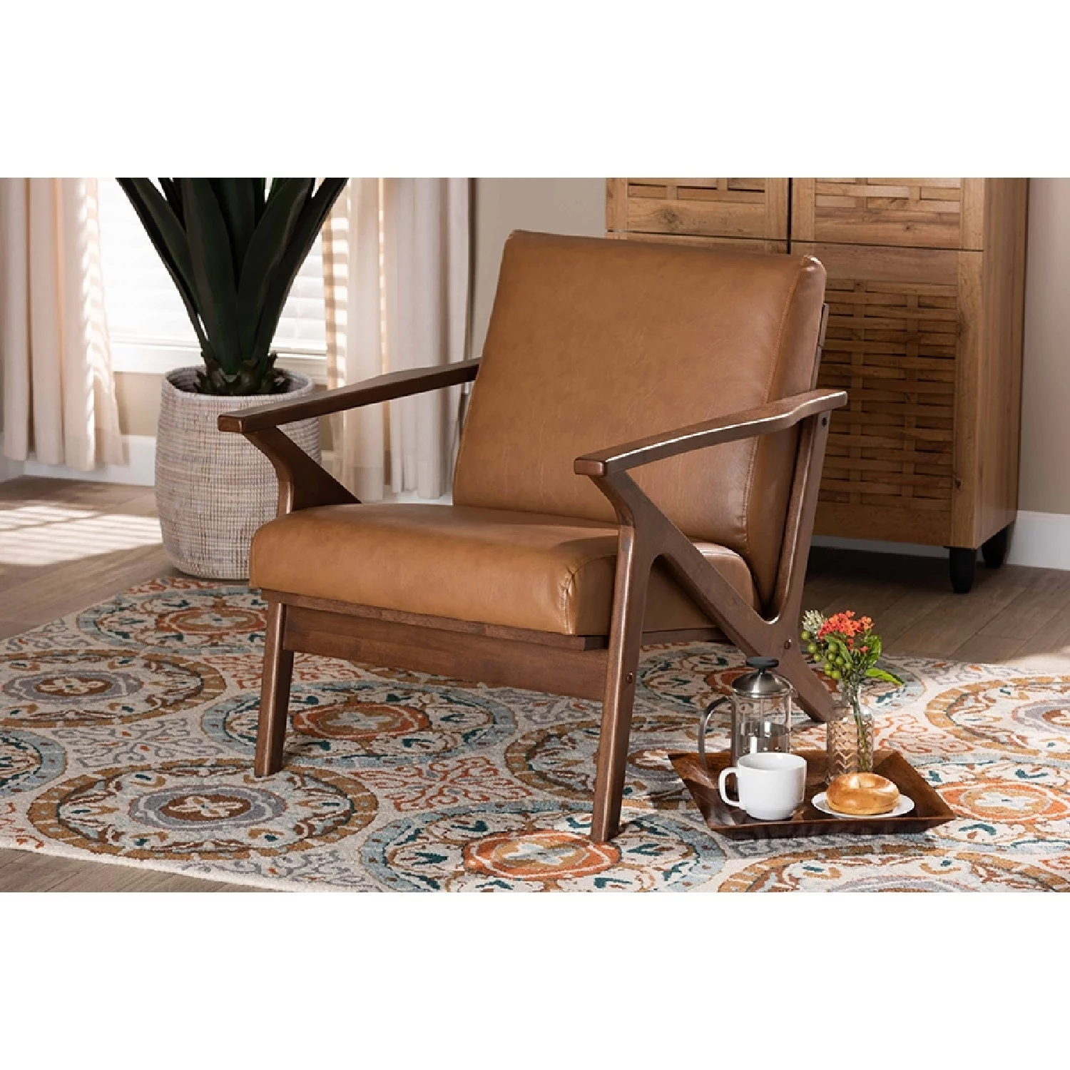 Baxton Studio Bianca Mid-Century Modern Walnut Brown Finished Wood and Tan Faux Leather Effect Lounge Chair