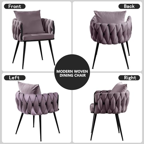Velvet Dining Chairs Set of 2, Woven Modern Upholstered Kitchen Chairs, Luxury Leisure Desk Chairs with Pillow Metal Legs Makeup Accent Side Chair for Vanity Living Dining Room (Blue, Set of 2)