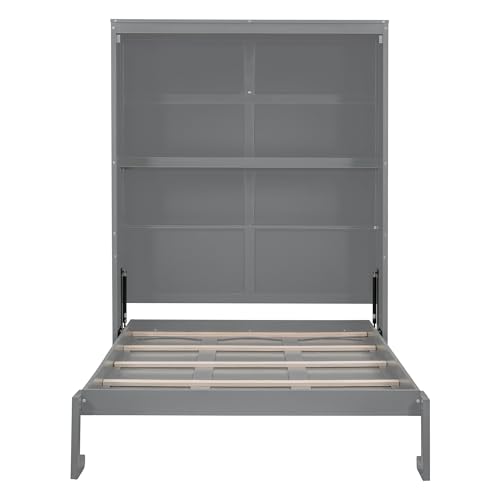 Voohek Full Size Murphy Bed with 2 Tier Shelves, Folding Bedframe w/Flexible Slats Support, Space-Saving Design, Can Be Folded Into A Cabinet, for Kids, Teens, Adults, No Box Spring Needed (White)