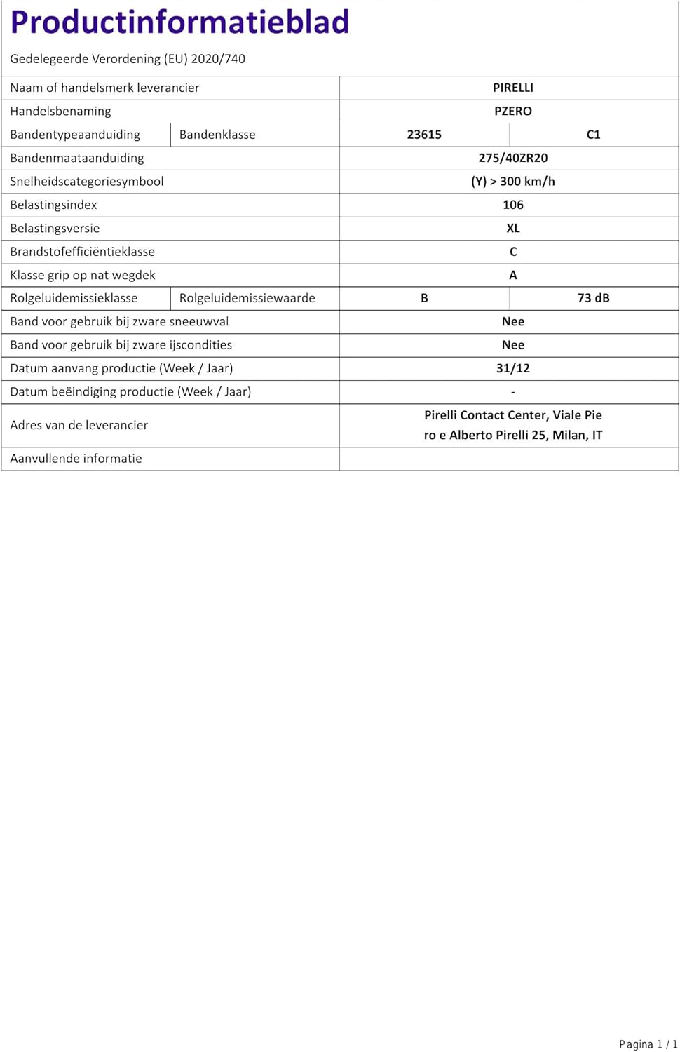 Pirelli P ZERO Radial Tire - 275/40R20 106Y