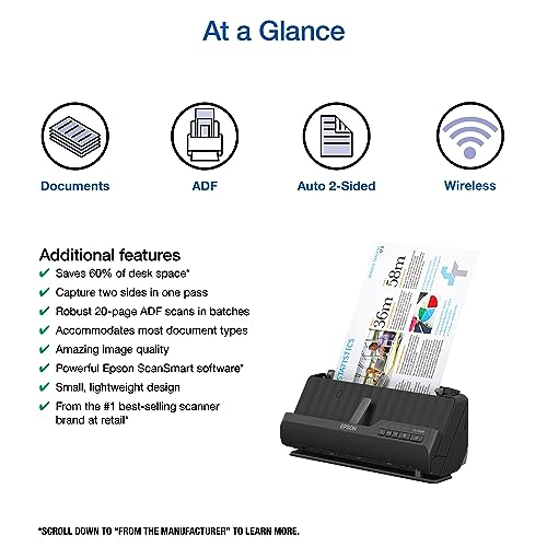 Epson - Workforce ES-C320W - Wireless Compact Desktop Document Scanner - 2-Sided Scanning and Auto Document Feeder - Paper and Card Scanner - Black