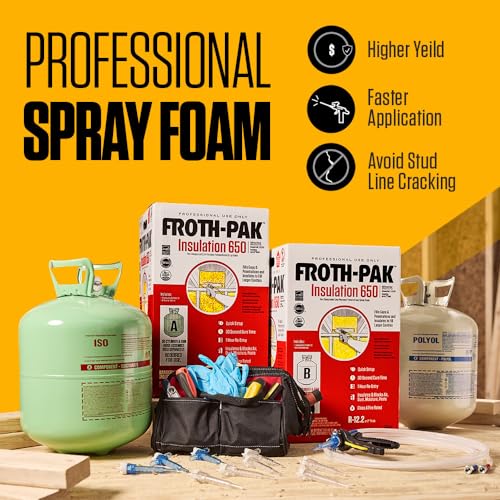 Froth-Pak 650 Spray Foam Insulation, 30 ft Hose. Low GWP Formula. Insulates Cavities, Penetrations & Gaps Up to 2" Thick. Yields Up to 650 Board ft. Two Component, Polyurethane, Closed Cell