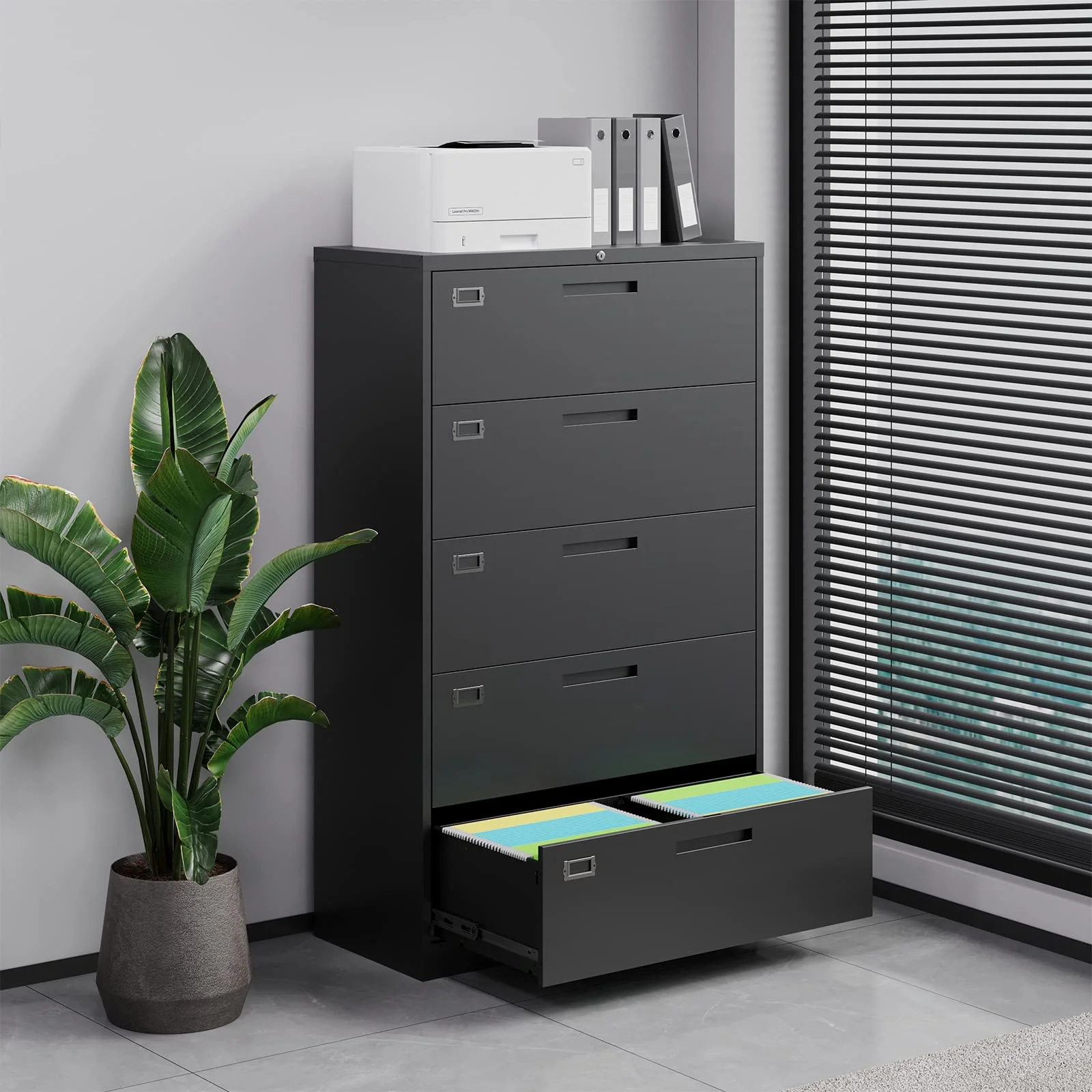 Fesbos 5 Drawer File Cabinet with Lock,Metal Lateral Filing Cabinets for Home Office Hanging Files Letter/Legal/F4/A4 Size(Black-Requires Installation)