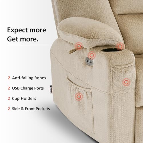 MCombo Small Power Lift Recliner Chair with Massage and Heat for Petite People, Cup Holders, USB Ports, Side Pockets, Fabric 7569 (Small-Regular, Brown)