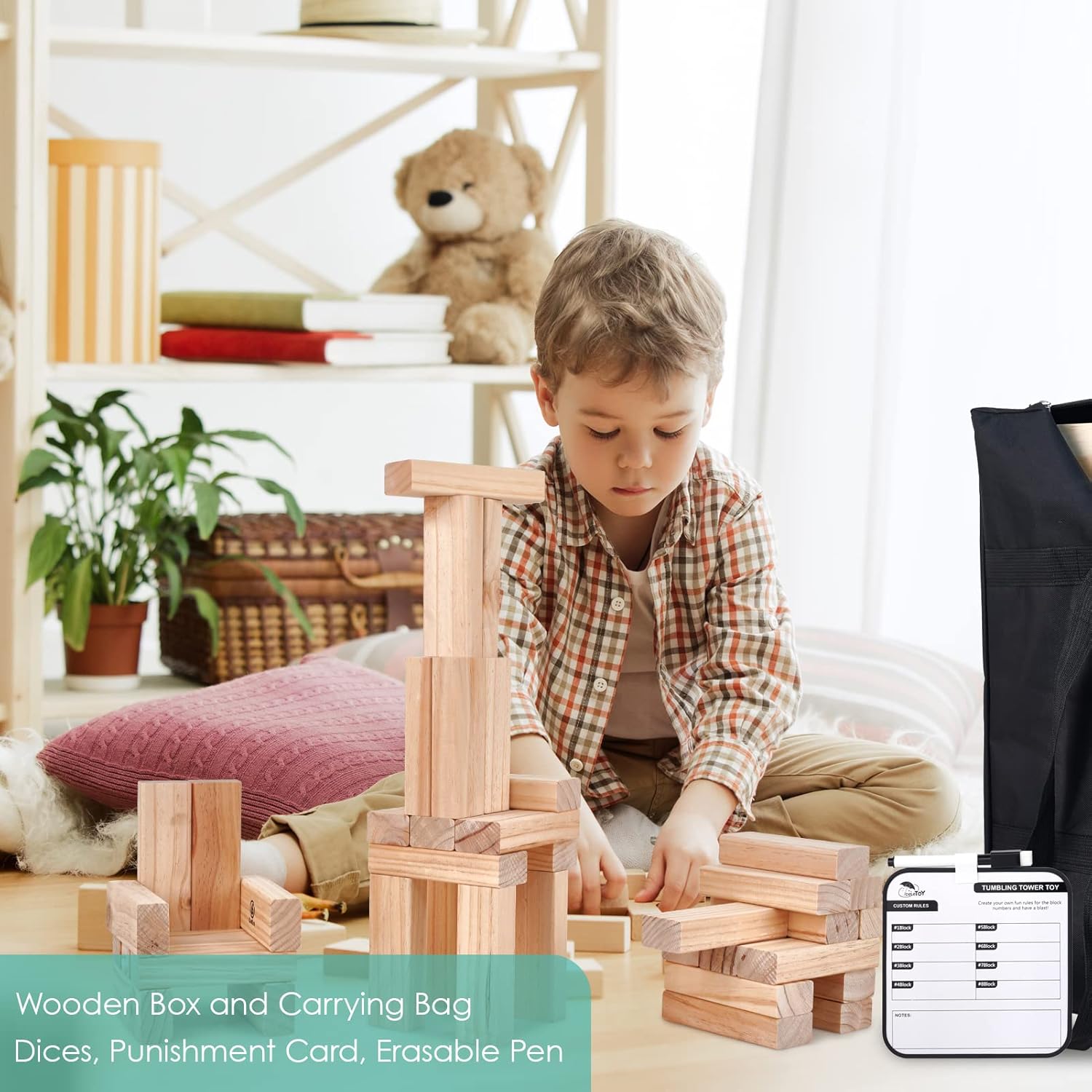 CELETOY Giant Stacking Game, Quick Set-up & Quick Storage Block Wooden Tower Game Set with Carrying Bag and Tumble Tower Box for Kids, Adults and Family, Lawn Games Backyard Outdoor