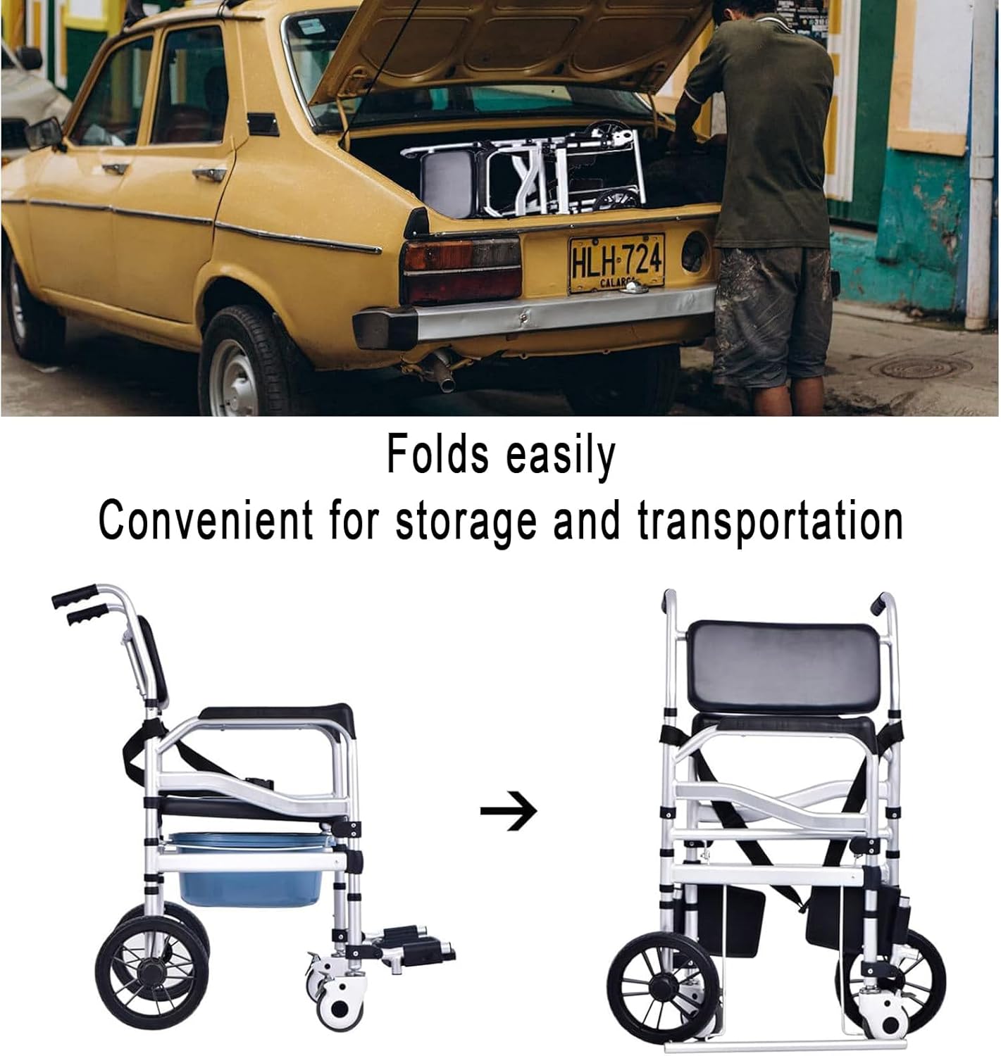Height-Adjustable Commode Chair,Commode Chair on Wheels,Foldable Mobile Toilet Shower Stool for The Elderly and Disabled,Bedside Commode Chair with Removable Bucket and Flip-up Footrest