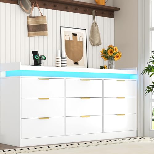 White Dresser with LED Lights, Wooden LED Dresser, 4 Drawer Chest with Charging Station, Tall Chest of Drawer Closet Organizer for Bedroom, Living Room, Entryway, Hallway