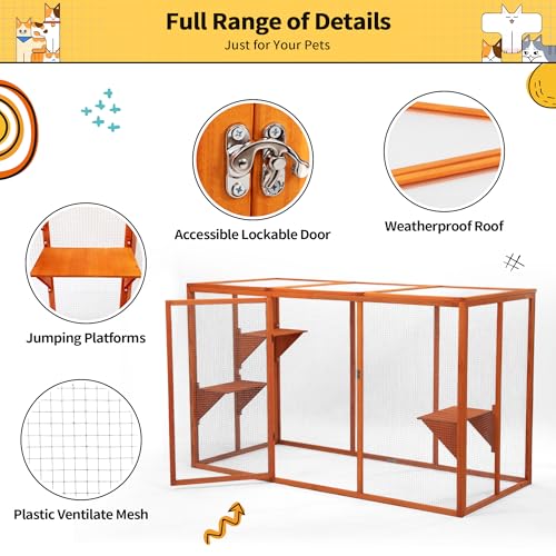 Catio Outdoor Cat Enclosure,71" L Outside Cat House Weatherproof, Wooden Large Catios for Cats Patio, Cat Houses with 3 Platforms,Grey