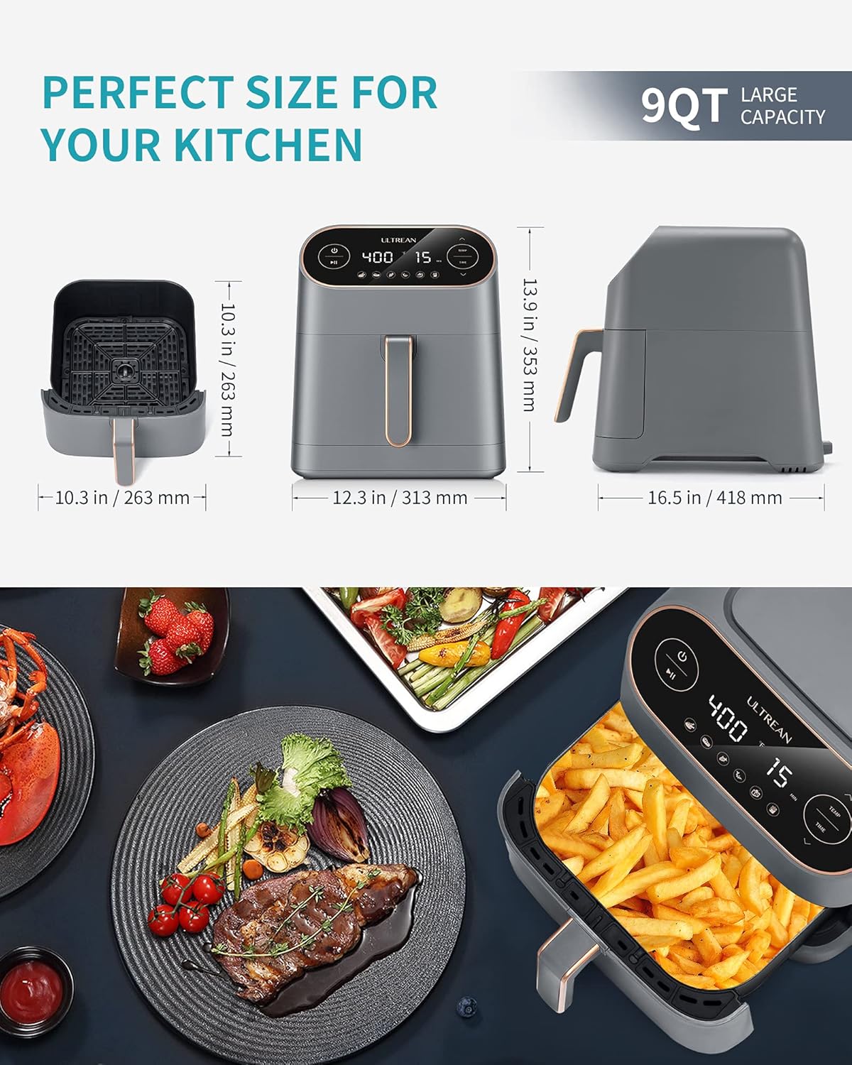 Ultrean Air Fryer, 9 Quart 6-in-1 Electric Hot XL Air Fryer Oven Oilless Cooker, Large Family Size LCD Touch Control Panel and Nonstick Basket, ETL Certified, 1750W