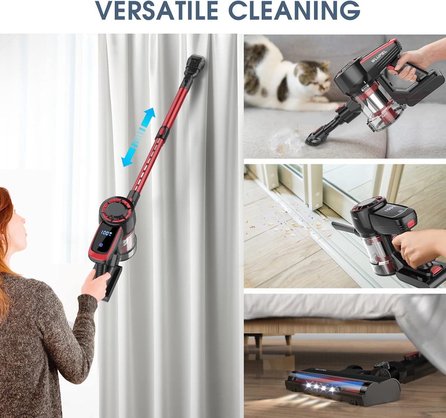 Cordless Vacuum Cleaner, 250W Stick Vacuum Cleaner with 25KPA Powerful Suction, Lightweight Handheld Vacuum LED Display for Carpet and Floor, Pet Hair