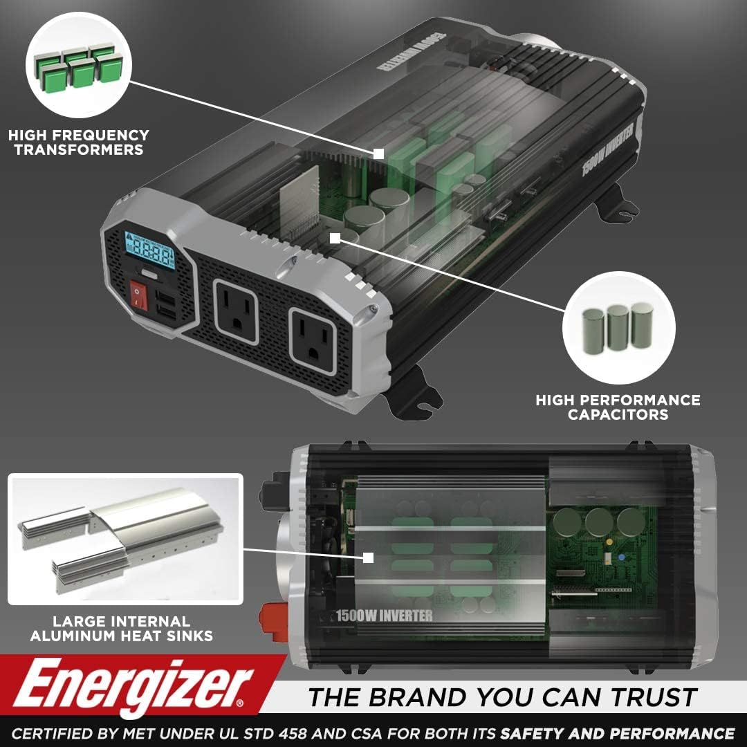 Energizer 4000 Watts Power Inverter Modified Sine Wave Car Inverter, 12V to 110 Volts, Two AC Outlets, Two USB Ports (2.4 Amp), Hardwire Kit, Battery Cables Included – ETL Approved Under UL STD 458