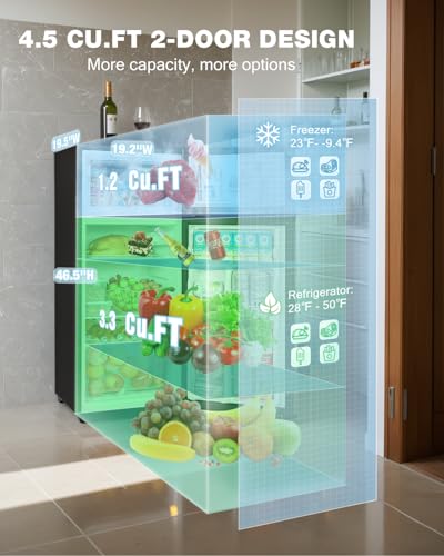 Double Door Refrigerator with Freezer, 4.5 Cu.Ft, Small Fridge with Freezer, 7 Settings Temperature Adjustable, Mini Refrigerator for Apartment Bedroom Dorm and Office, (Silver)